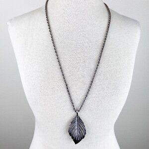 Silver Tone Leaf Charm Rope Chain Necklace Statement